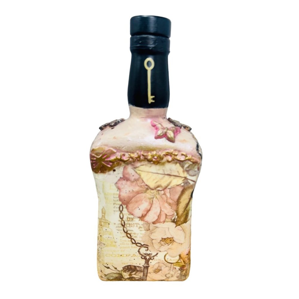 Up cycled Decanter Bottle Mixed Media Peep Keyhole Clay Hand Painted Butterfly - Picture 3 of 16